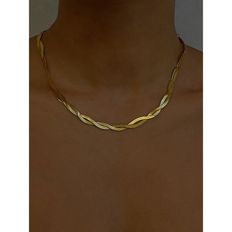 Peri'sBox trendy double snake chain necklace for women stainless steel gold color twisted herringbone chains choker collar