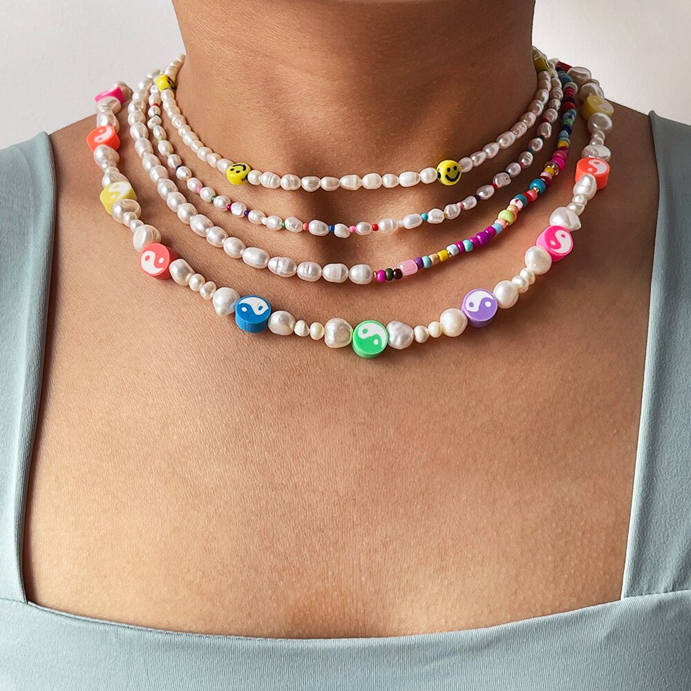Peri'sbox Barquoe Freshwater Pearl Rainbow Beaded Choker Necklace Seed Beads Smiley Ying Yang Evil Eye Necklaces Boho Summer