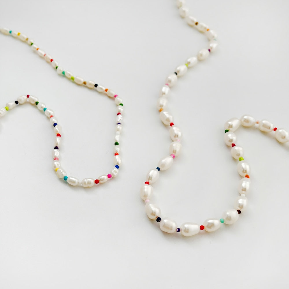 Peri'sbox  Elegant Rainbow Small Acrylic Beads Pearls Necklace Baroque Freshwater Pearl Necklace For Women Summer Beach Choker