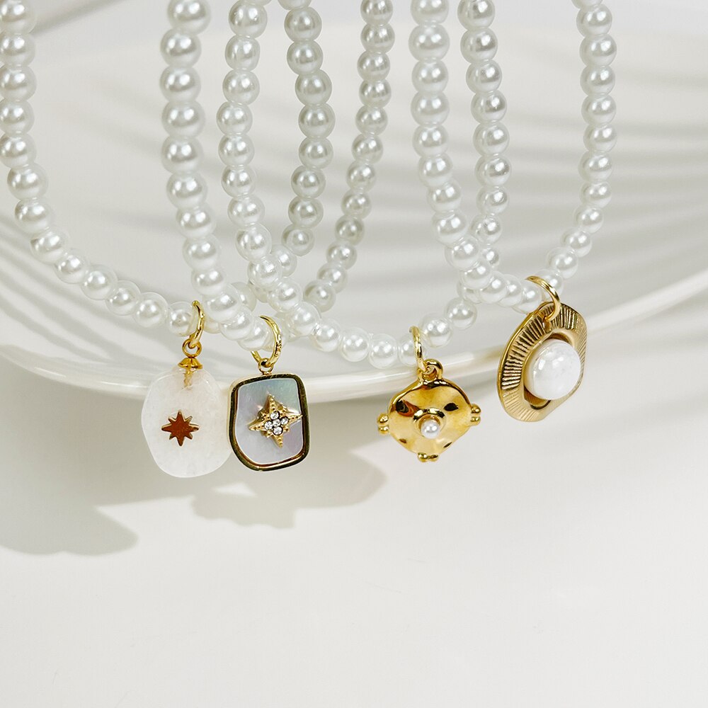 Peri'sbox Trendy Geometric Six Pointed Star Titanium Steel Pendant Choker Delicate Imitation Pearl Necklaces For Women