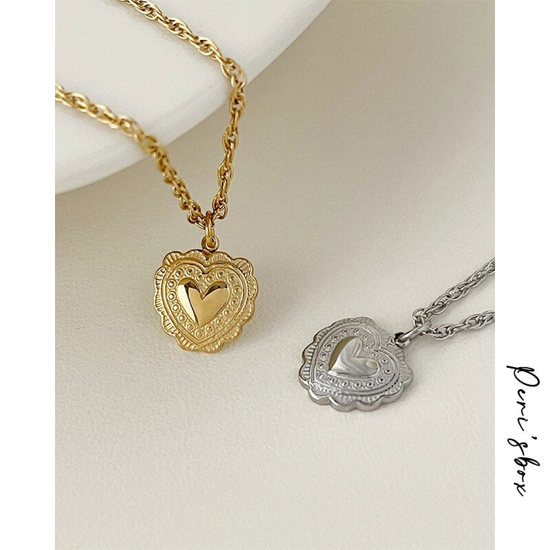 Peri'sbox Vintage Romantic Textured Heart Pendant Necklaces Dainty Waterproof Stainless Steel Choker Bijoux Party Gifts