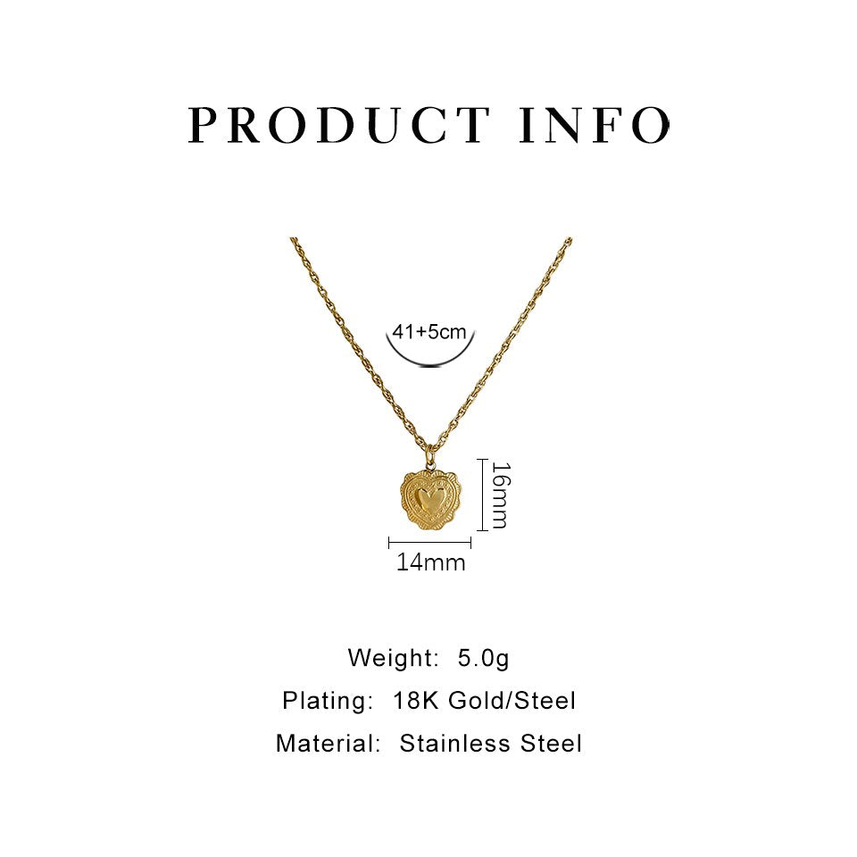 Peri'sbox Vintage Romantic Textured Heart Pendant Necklaces Dainty Waterproof Stainless Steel Choker Bijoux Party Gifts