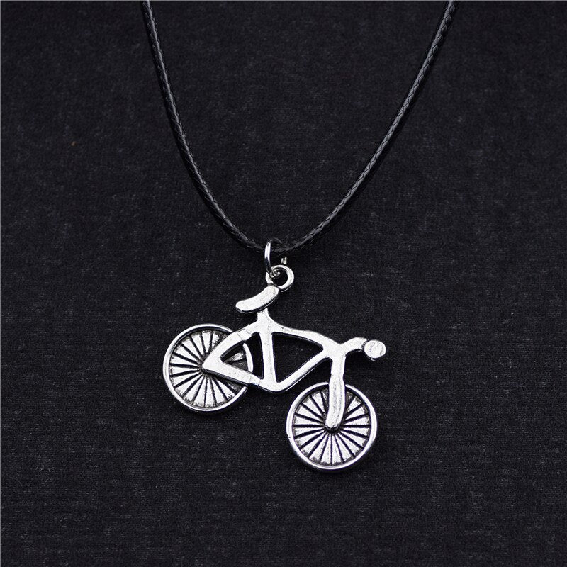 Personality Antique Silver Color Bicycle Pendant Bike Charm Leather Necklace for Women Men Cycling Jewelry Gifts Accessories