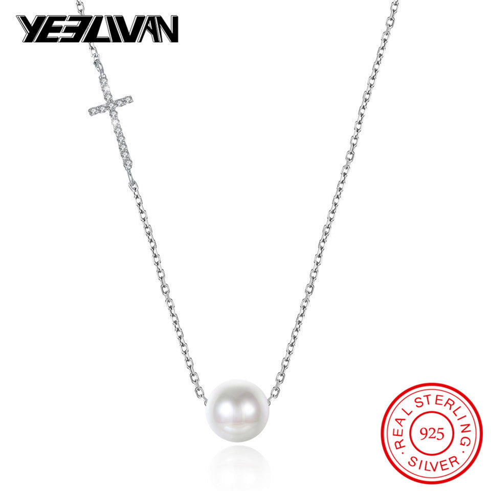 Personality Crystal Cross Female Short Necklace 925 Sterling Silver Jewelry Sweet Simple Wild Pearl Pendant Necklace for Women