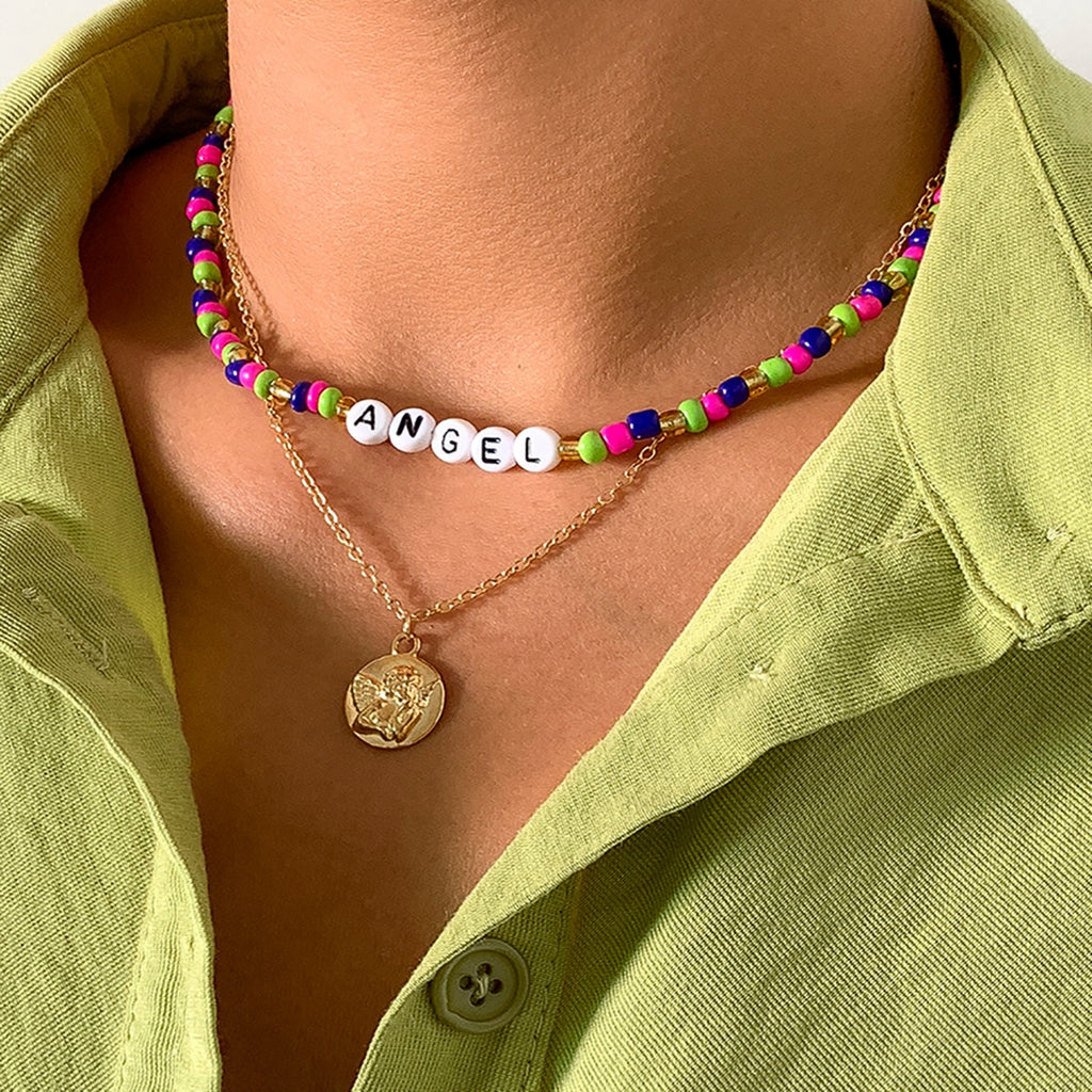 Personality multi-color rice beads pastoral clavicle chain for women with retro embossed portrait letter jewelry