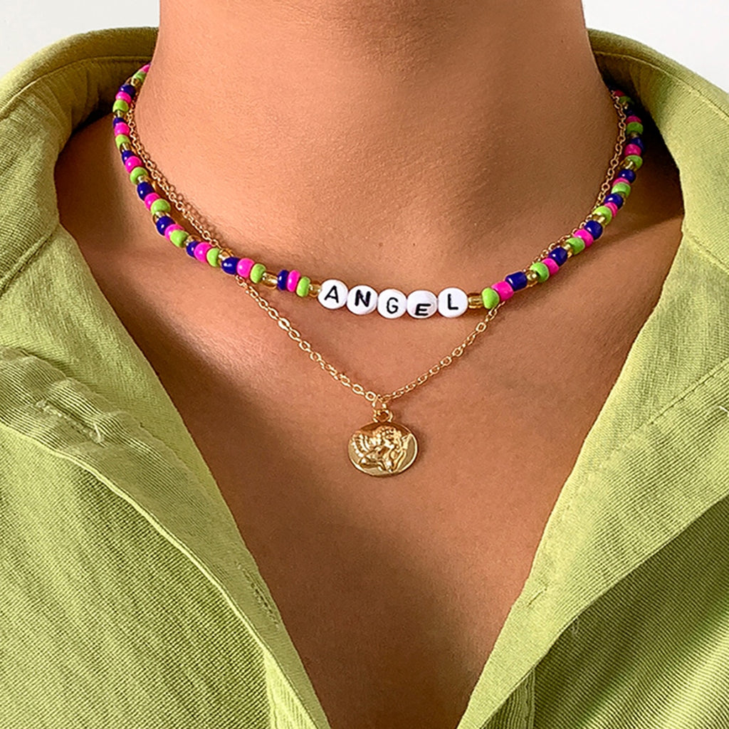 Personality multi-color rice beads pastoral clavicle chain for women with retro embossed portrait letter jewelry