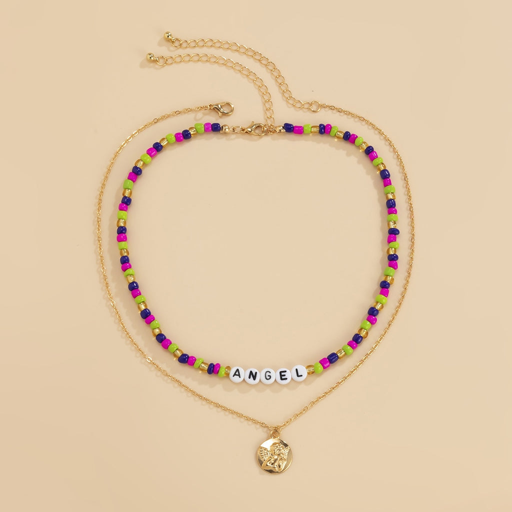 Personality multi-color rice beads pastoral clavicle chain for women with retro embossed portrait letter jewelry