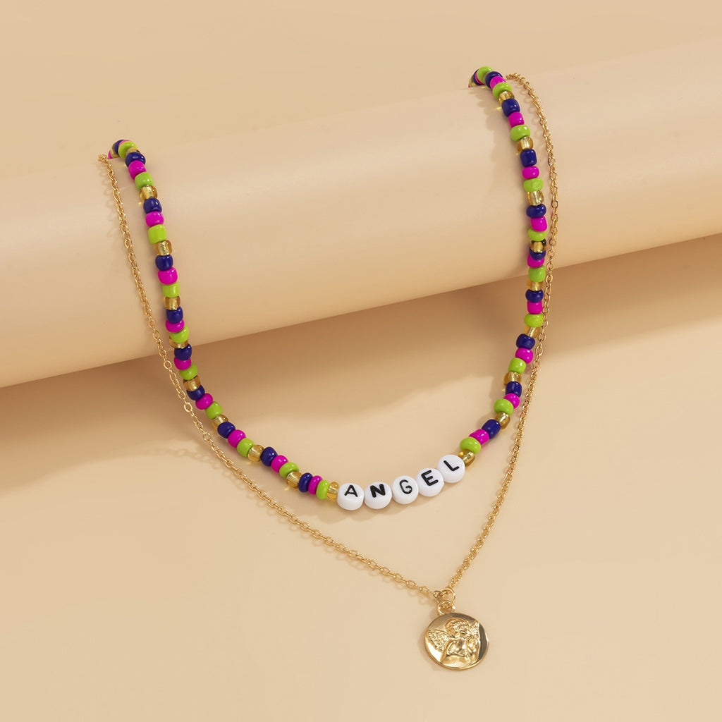 Personality multi-color rice beads pastoral clavicle chain for women with retro embossed portrait letter jewelry