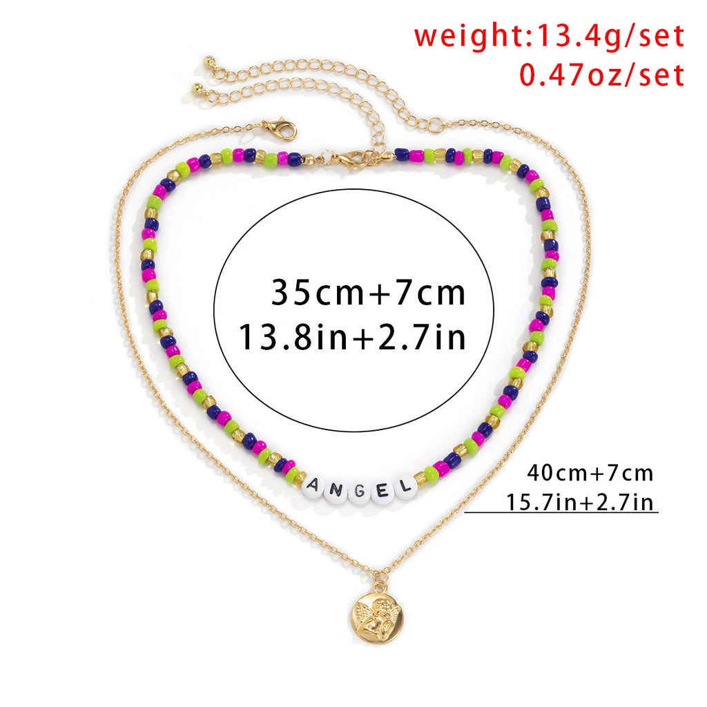 Personality multi-color rice beads pastoral clavicle chain for women with retro embossed portrait letter jewelry