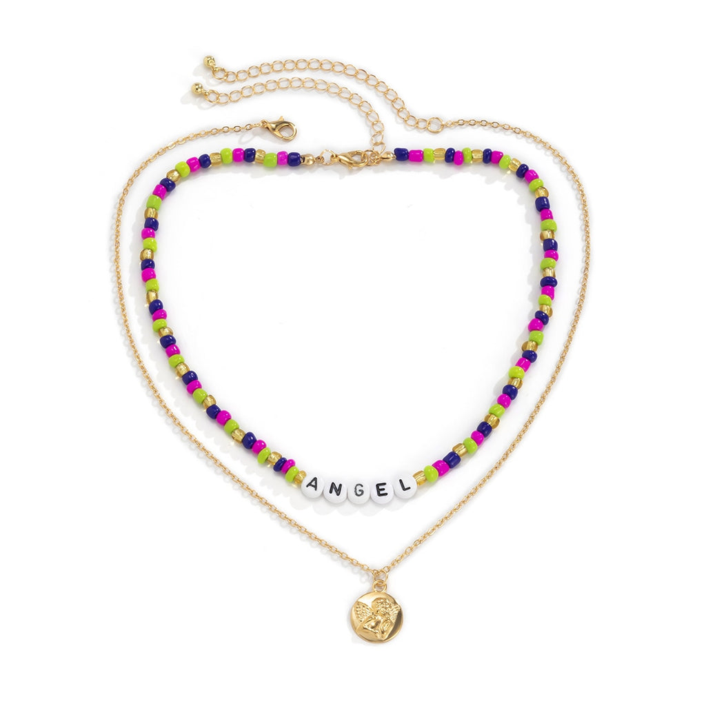 Personality multi-color rice beads pastoral clavicle chain for women with retro embossed portrait letter jewelry