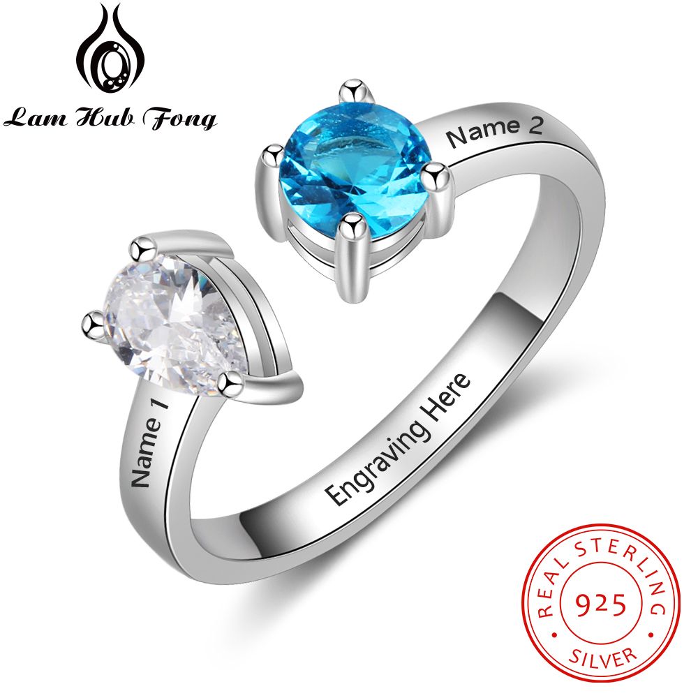 Personalized 925 Sterling Silver Open Ring with 12 Month Birthstone Engraved Name Ring Fine Jewelry Gift for Women(Lam Hub Fong)