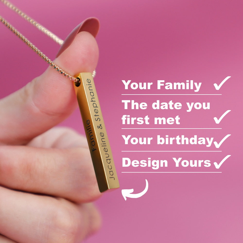 Personalized Bar Name Necklace Custom Name Necklaces Solid Charm 3D Pendant Birthday Valentine's Day Gifts for Women Men