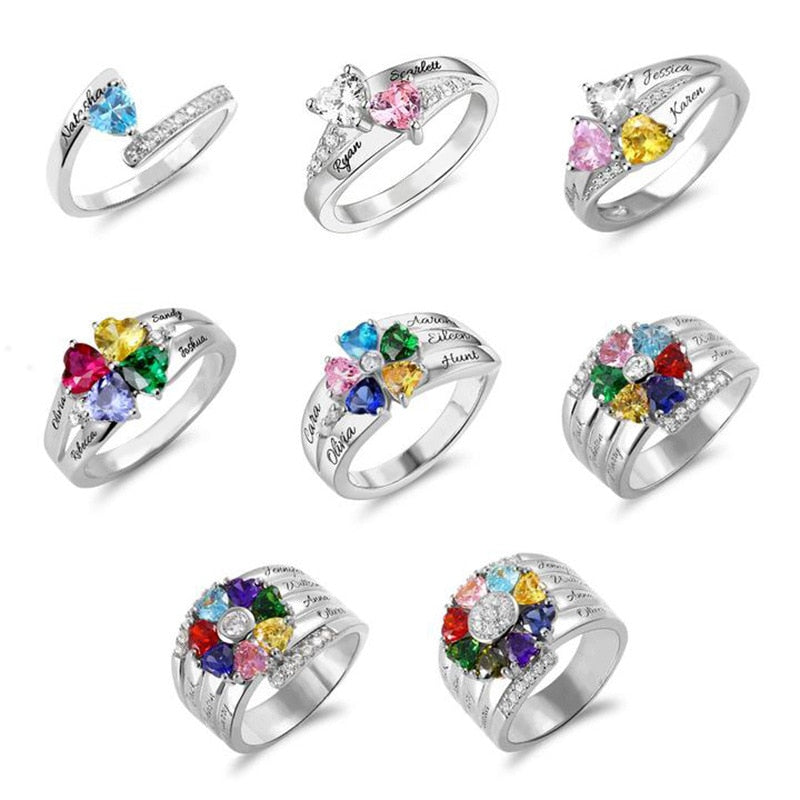 Personalized Customized Family Name Ring With Birthstone Silver Color Engraved Rings For Women Mother's Day Gifts