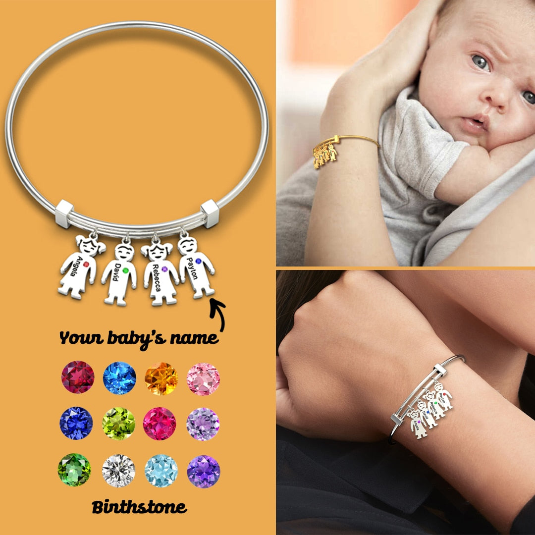 Personalized Engraved Name ID Family Bracelet Baby Figure Charm With Birthstone Custom Bracelets Family Gifts DIY Jewelry