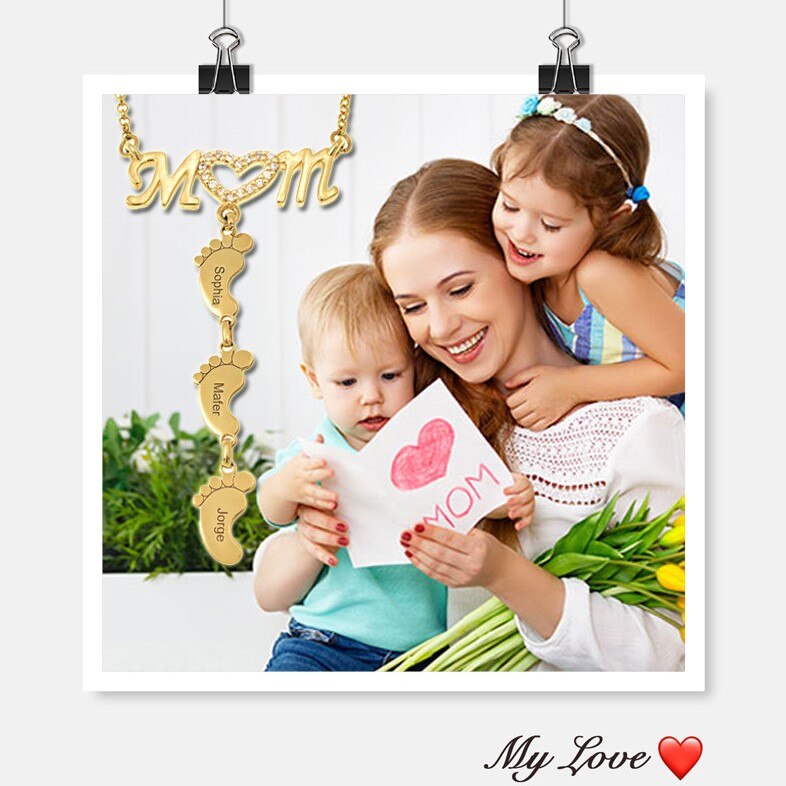 Personalized Engraving Baby Feets And Mom Necklace