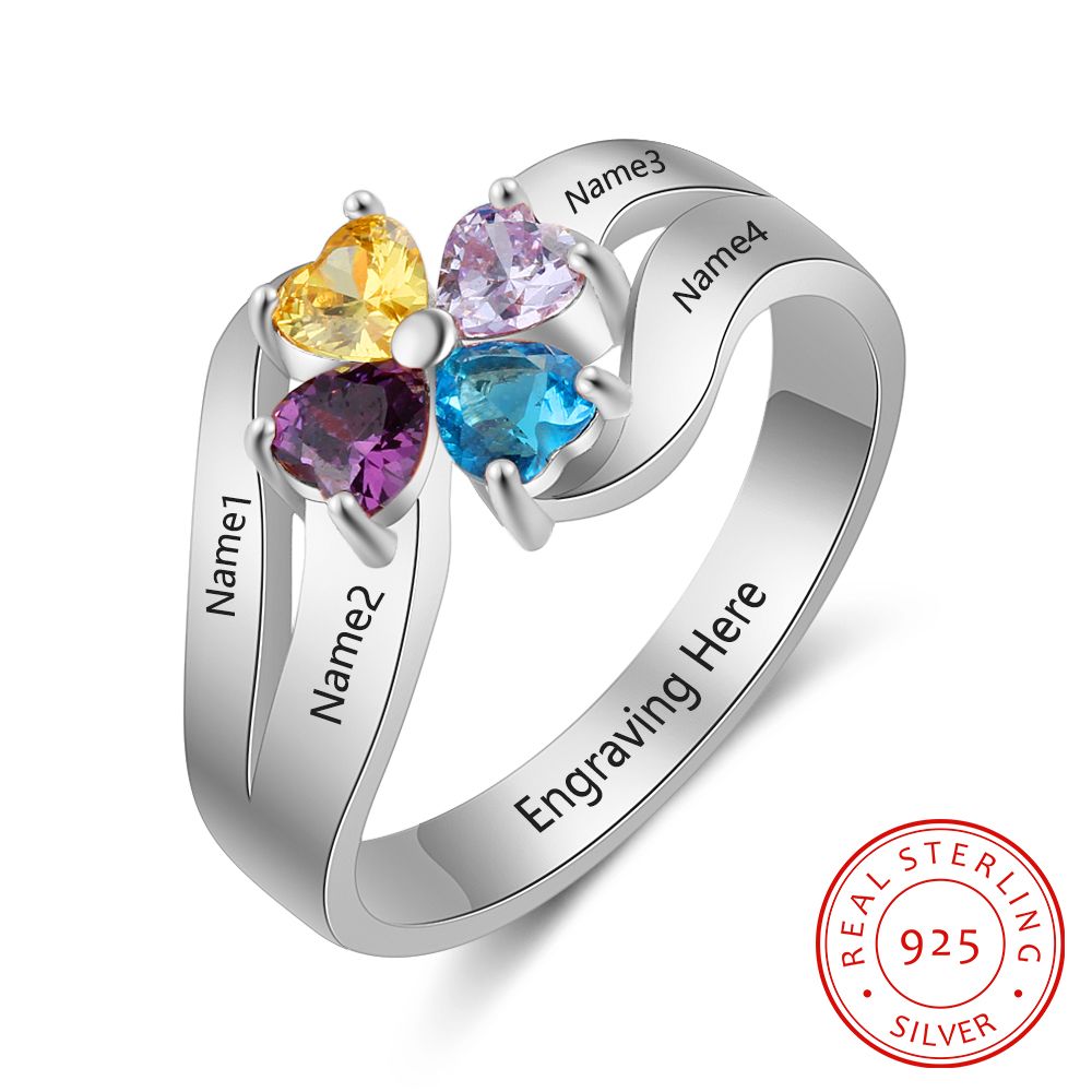 Personalized Heart Birthstone Flower Ring Real 925 Sterling Silver Customized Engraved Name Ring Gift for Family (Lam Hub Fong)