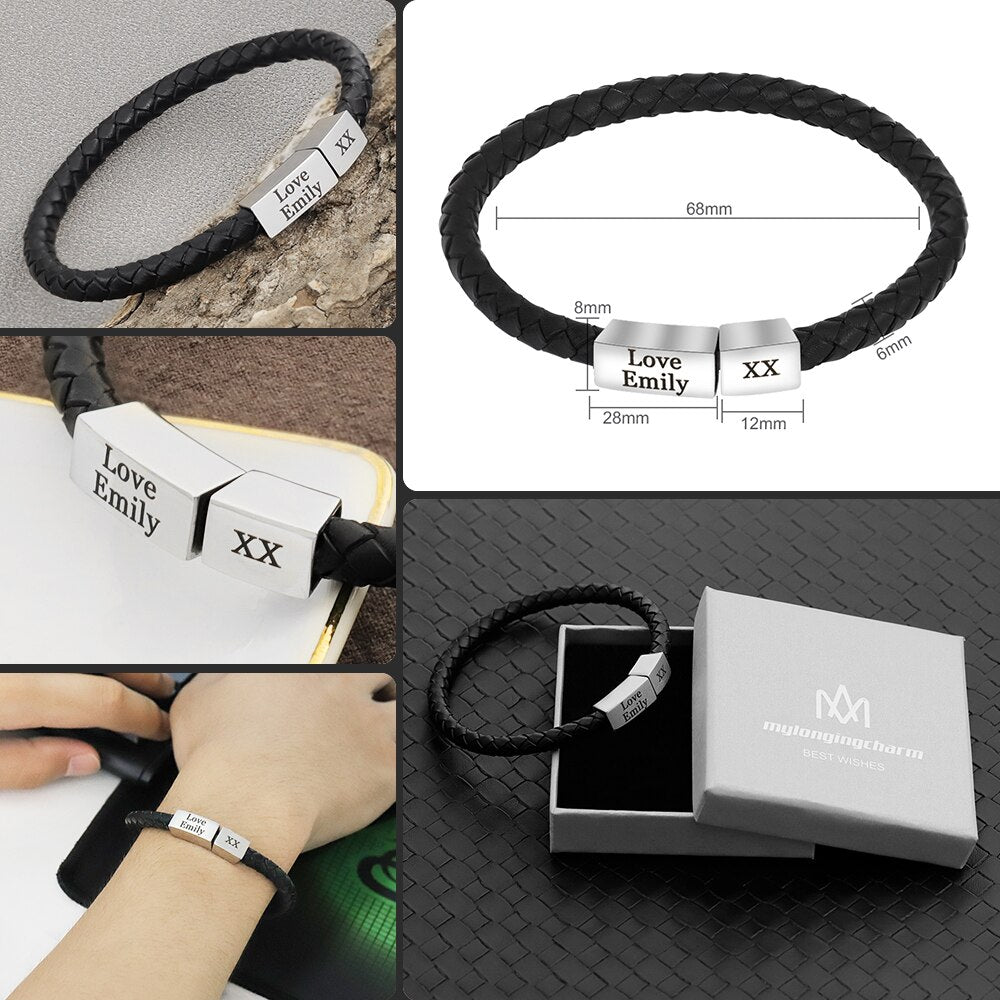 Personalized Lack Braided Genuine Leather Bracelet Wrist Cuff With Magnetic Clasp  Name Engraved For Men Customized ID Bracelet