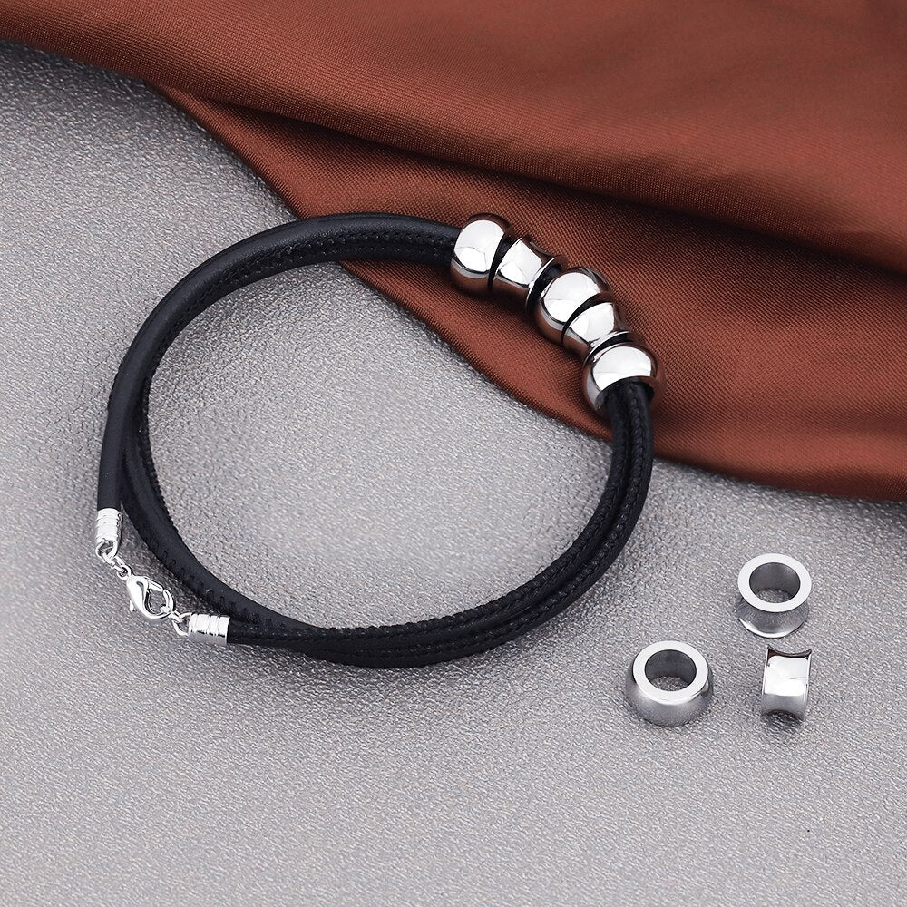 Personalized Leather Bracelet With Engraving Beads Family Name Engraved Bracelet Jewelry Gifts For Family