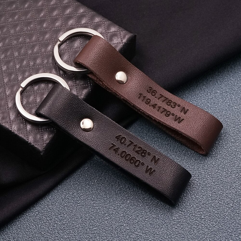 Personalized Leather Keychain Engrave Coordinates Messages Names Anniversary birthday Gift for Husband boyfriend father for men