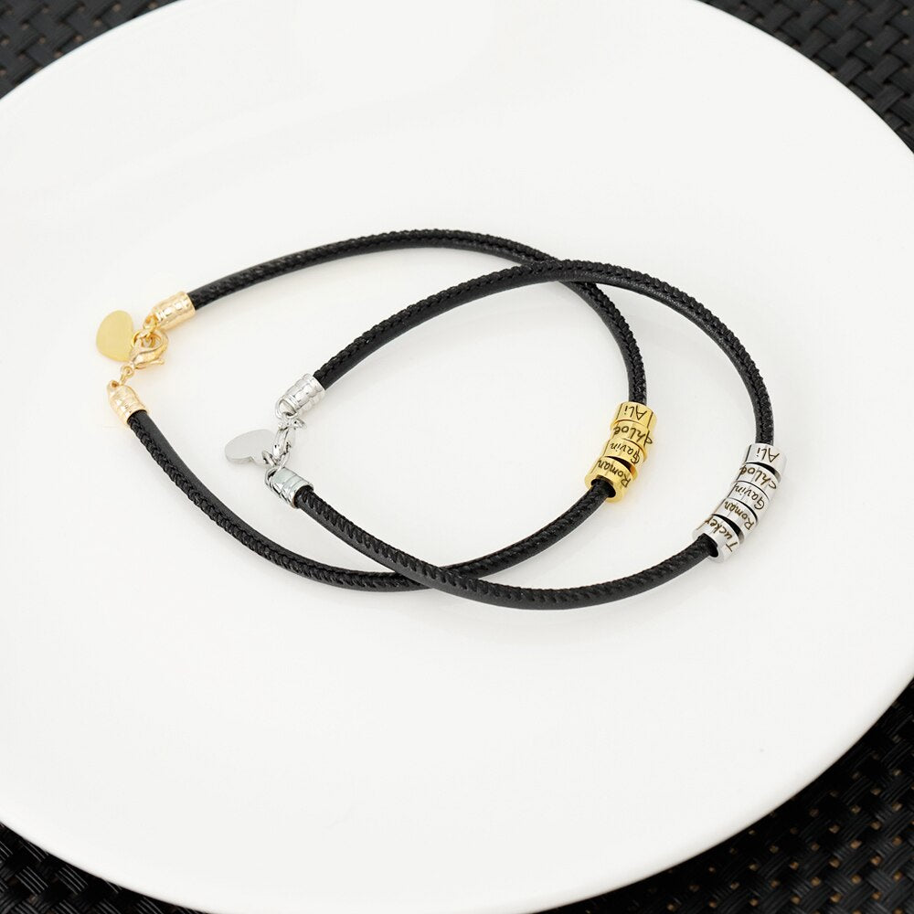 Personalized Men's Bracelet With Small Custom Beads Leather Chain With Peach Charms Vintage Stainless Steel Beads 2022 Style