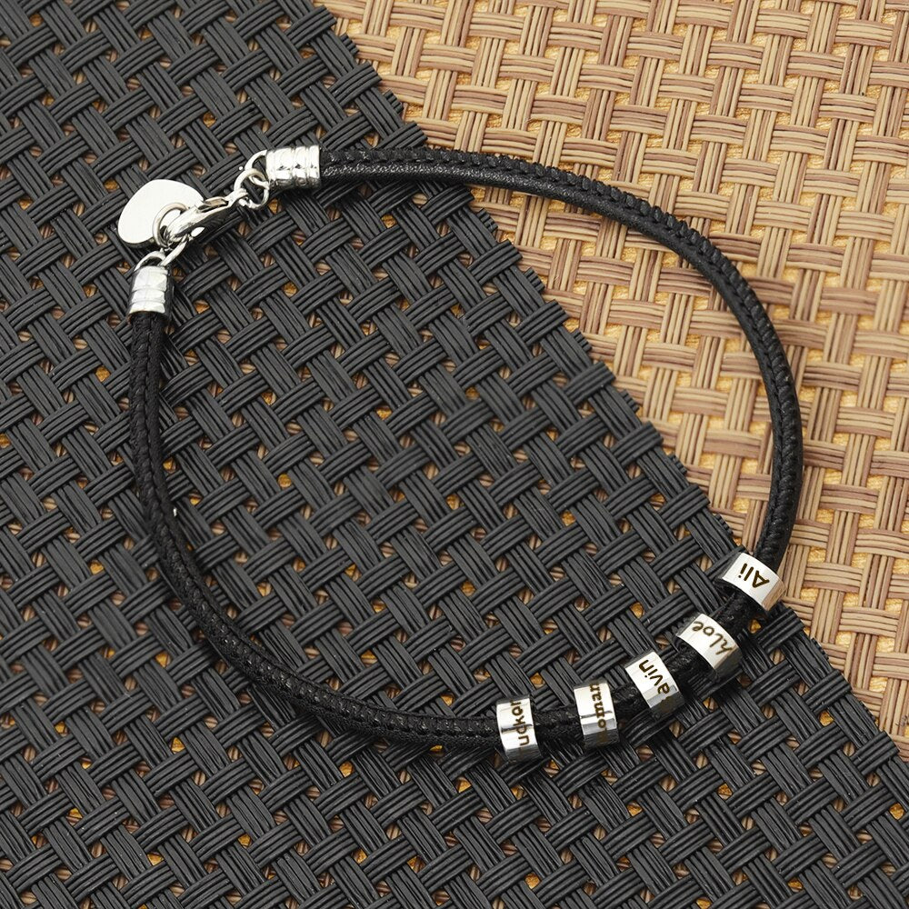 Personalized Men's Bracelet With Small Custom Beads Leather Chain With Peach Charms Vintage Stainless Steel Beads 2022 Style