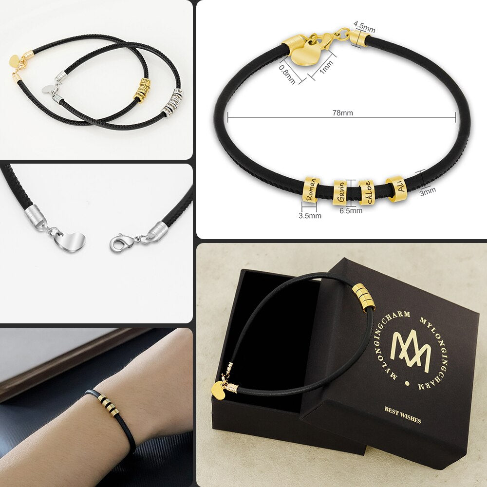 Personalized Men's Bracelet With Small Custom Beads Leather Chain With Peach Charms Vintage Stainless Steel Beads 2022 Style