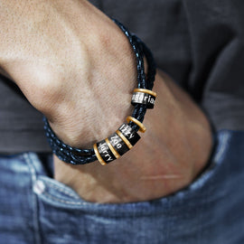 Personalized Mens  Black Braided Leather Bracelets with 1-7 Names Engraved in Custom Beads Custom ID Bracelet  gift for  Dad