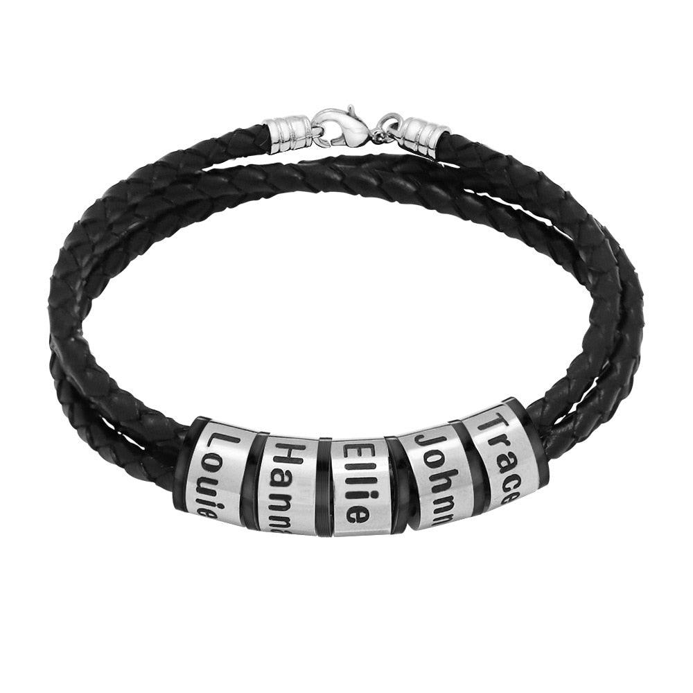 Personalized Mens  Black Braided Leather Bracelets with 1-7 Names Engraved in Custom Beads Custom ID Bracelet  gift for  Dad