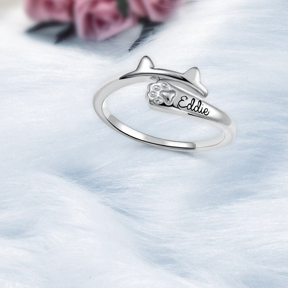 Personalized Pet Lover Jewelry Adjustable Ring Cute Cat Ears Paw Shaped Kitty Custom Name Letter Gift