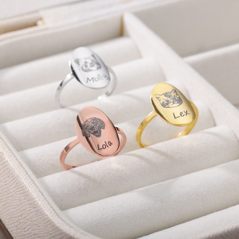 Personalized Pet Portrait Rings for Women Men Stainless Steel Dog Cat Memorial Finger Ring Unique Custom Jewerly anillos mujer