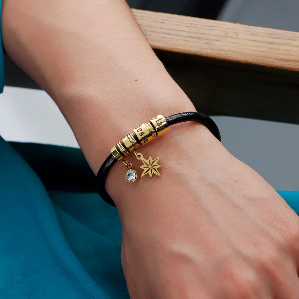 Personalized Women Men Eight-pointed Star Genuine Leather Bracelet Custom Bead Family Names Crystal Charm Bangle with Birthstone