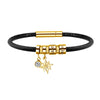 Personalized Women Men Eight-pointed Star Genuine Leather Bracelet Custom Bead Family Names Crystal Charm Bangle with Birthstone