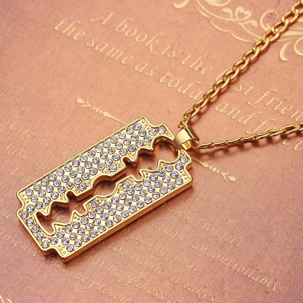 Personlity Men's Razor Pendant Necklace Hip Hop Gold Color Cube Chain Zirconia Blade Necklaces Men Punk Rock Jewelry Gifts