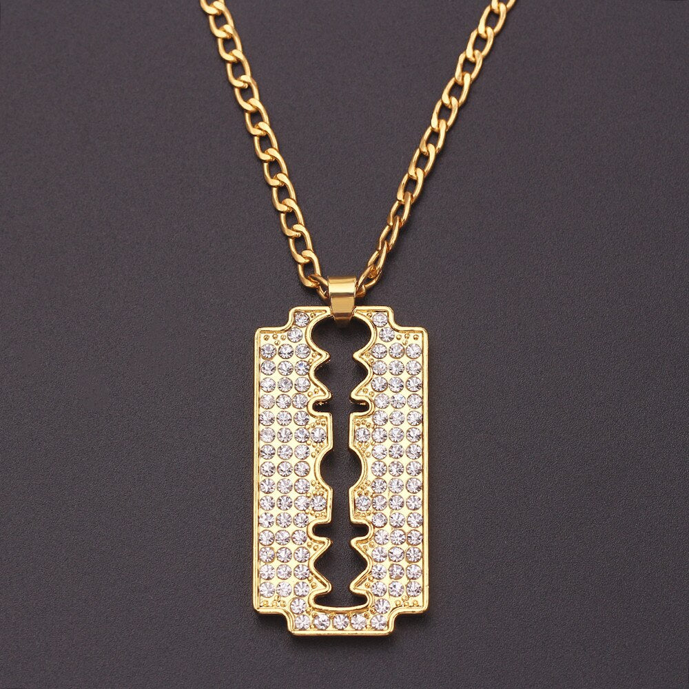 Personlity Men's Razor Pendant Necklace Hip Hop Gold Color Cube Chain Zirconia Blade Necklaces Men Punk Rock Jewelry Gifts