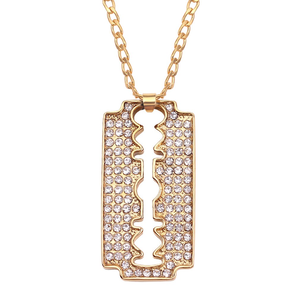 Personlity Men's Razor Pendant Necklace Hip Hop Gold Color Cube Chain Zirconia Blade Necklaces Men Punk Rock Jewelry Gifts