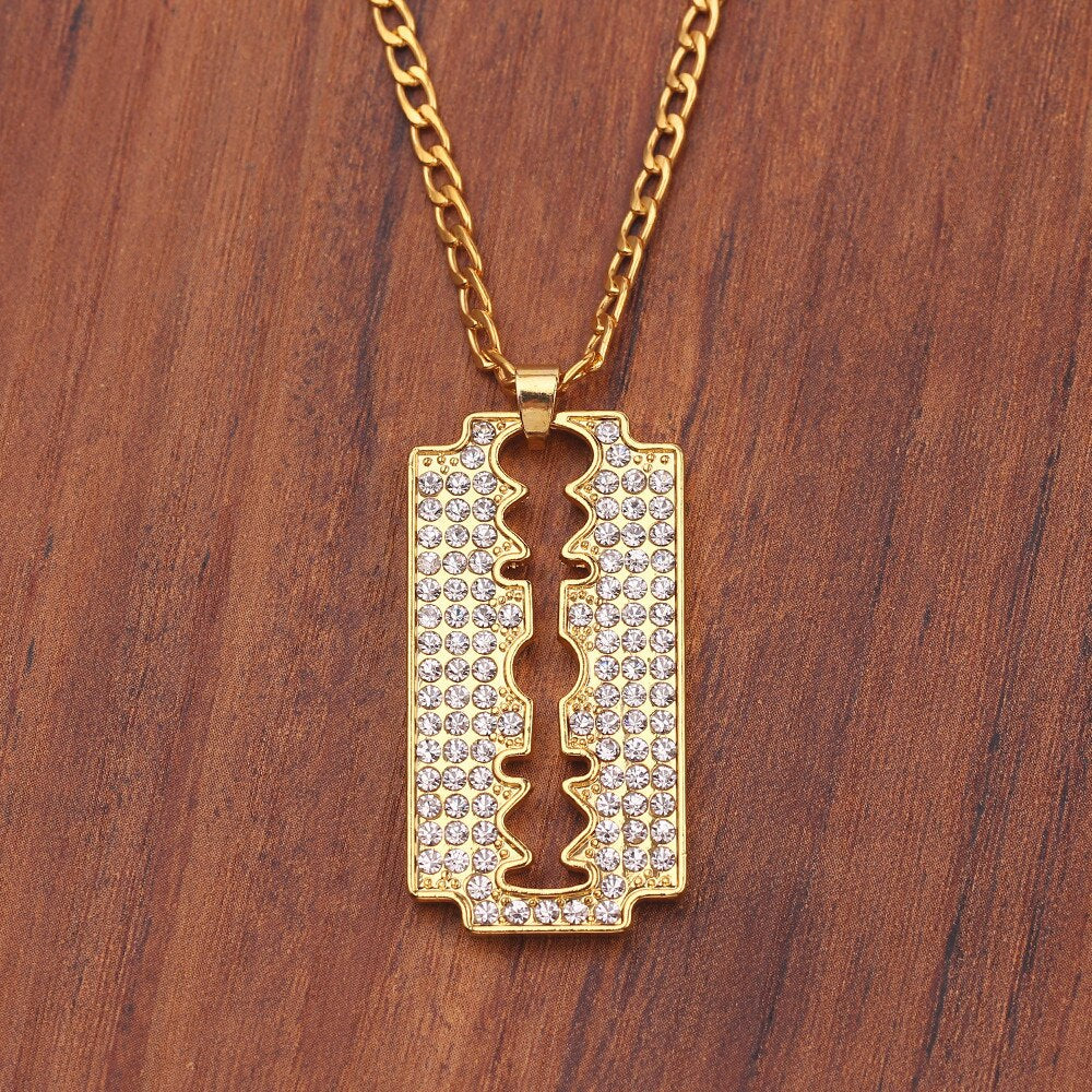 Personlity Men's Razor Pendant Necklace Hip Hop Gold Color Cube Chain Zirconia Blade Necklaces Men Punk Rock Jewelry Gifts