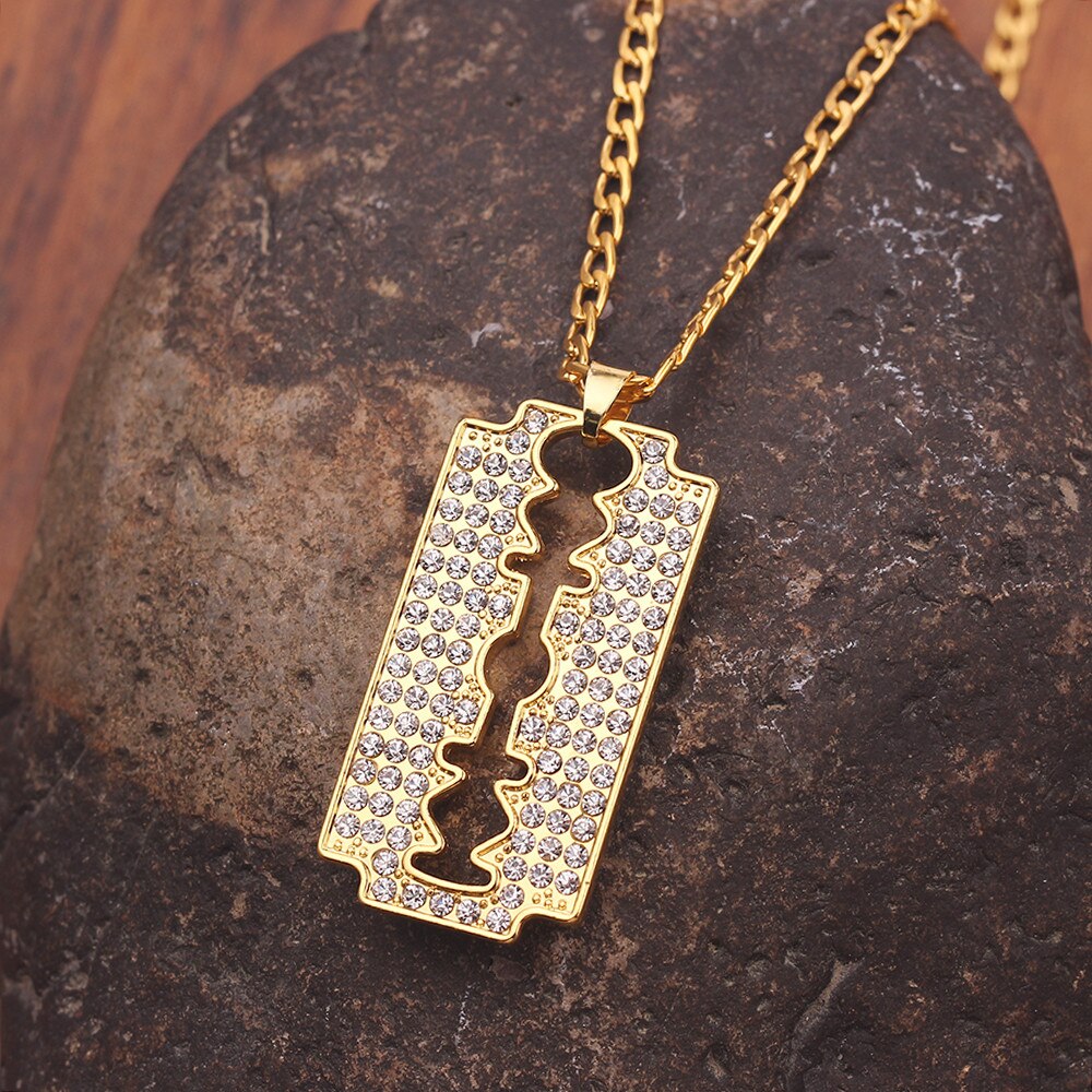Personlity Men's Razor Pendant Necklace Hip Hop Gold Color Cube Chain Zirconia Blade Necklaces Men Punk Rock Jewelry Gifts