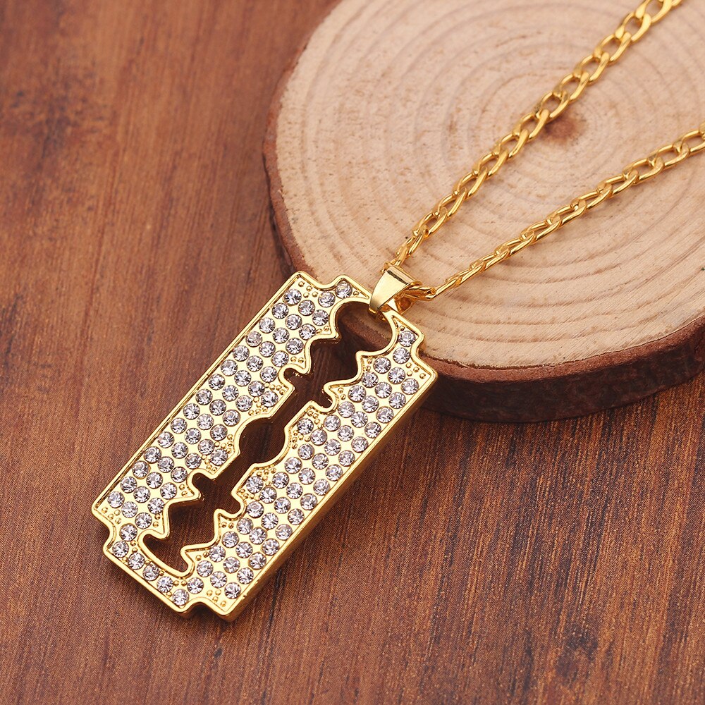 Personlity Men's Razor Pendant Necklace Hip Hop Gold Color Cube Chain Zirconia Blade Necklaces Men Punk Rock Jewelry Gifts