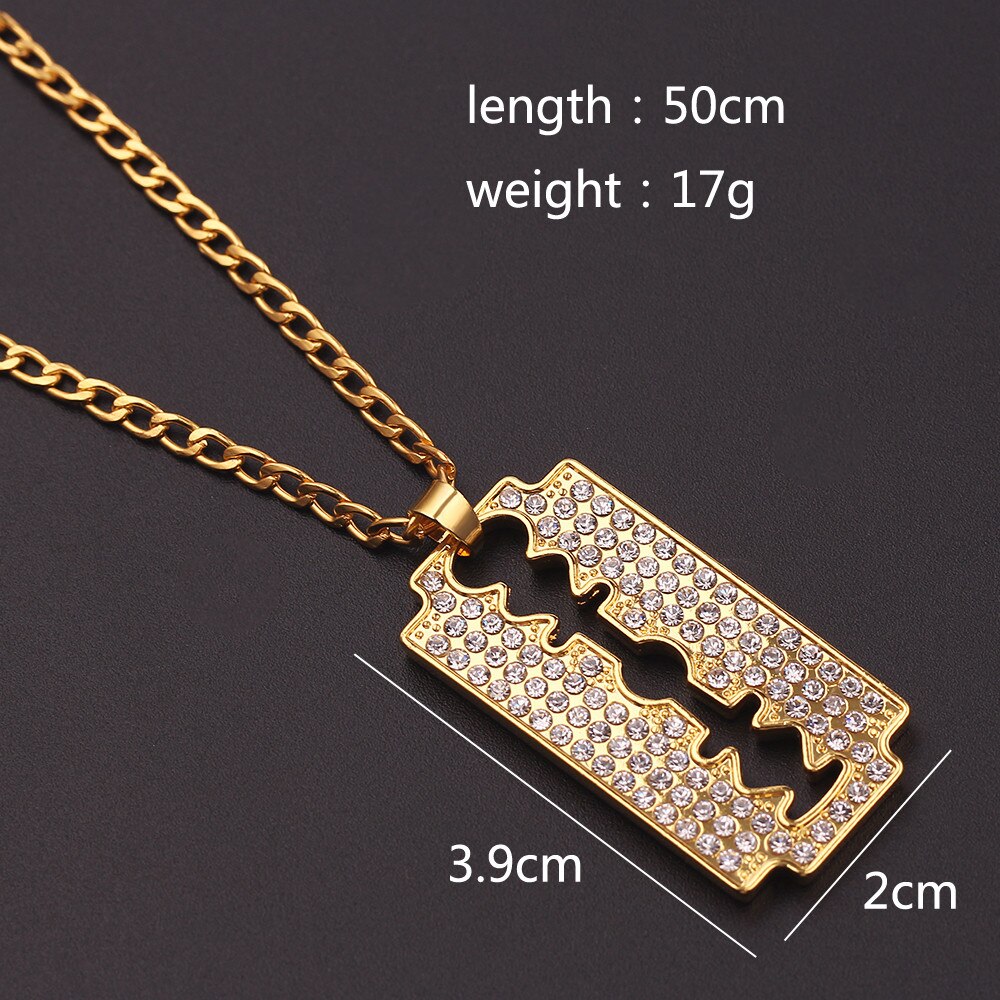 Personlity Men's Razor Pendant Necklace Hip Hop Gold Color Cube Chain Zirconia Blade Necklaces Men Punk Rock Jewelry Gifts