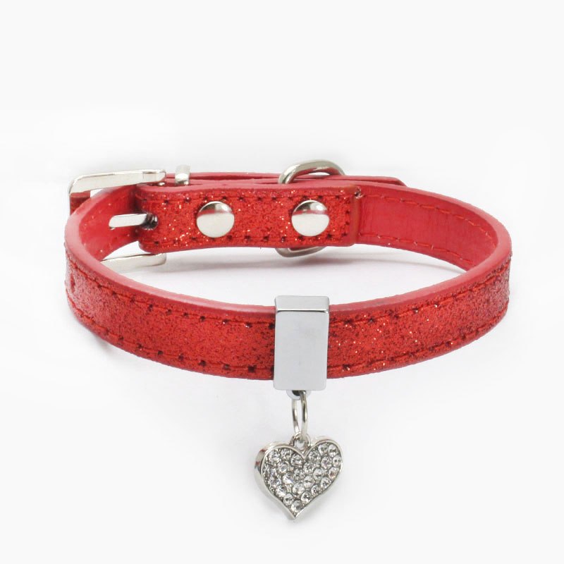 Pet Dog Cat Bling Love Heart Crystal Adjustable Collar Diamond Pendant Necklace Safety Soft Leather Kitten Puppy Neck Chain