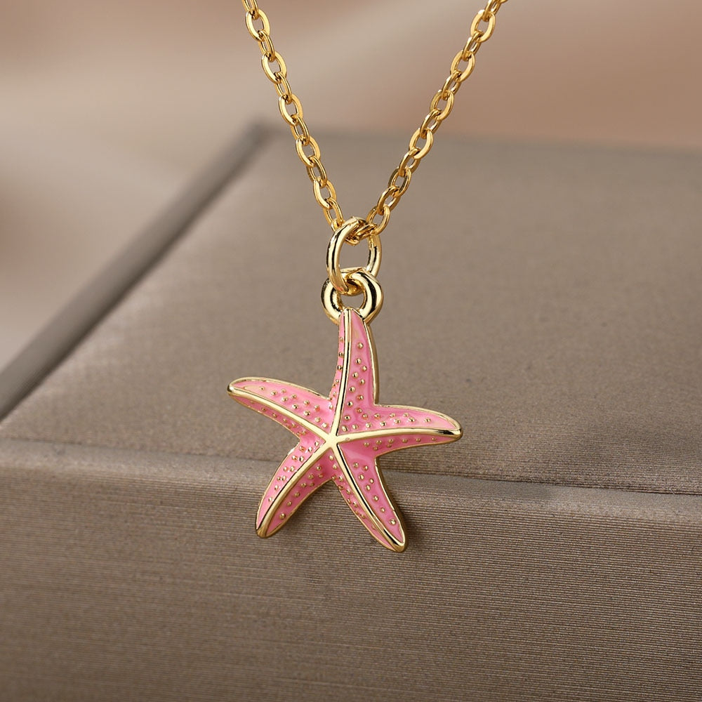 Pink Blue Starfish Pendant Necklace For Women Stainless Steel Gold Color Necklaces Retro Boho Aesthetic Jewelry collares mujer