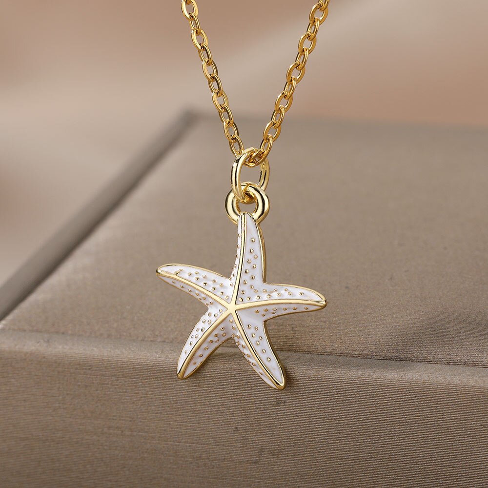 Pink Blue Starfish Pendant Necklace For Women Stainless Steel Gold Color Necklaces Retro Boho Aesthetic Jewelry collares mujer
