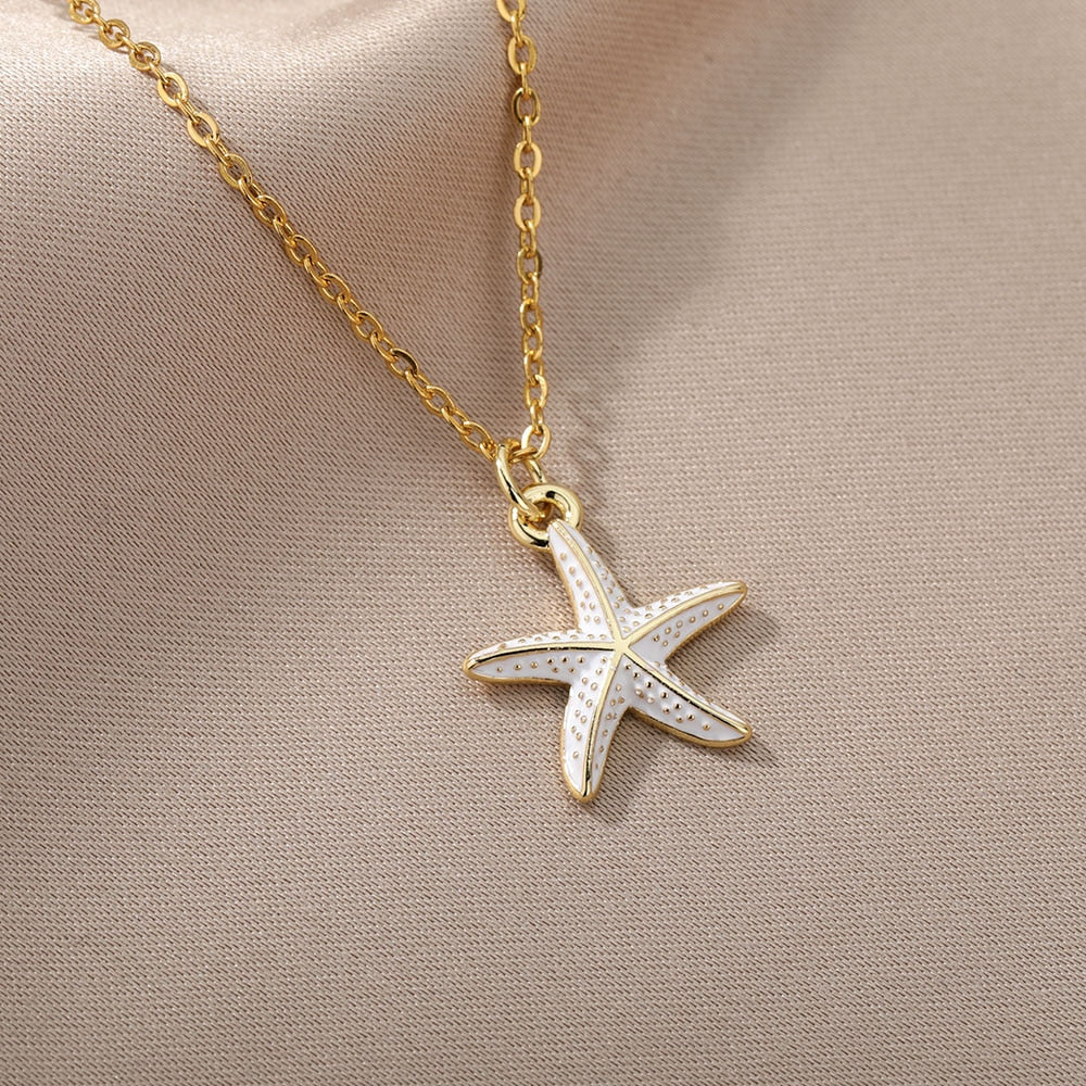 Pink Blue Starfish Pendant Necklace For Women Stainless Steel Gold Color Necklaces Retro Boho Aesthetic Jewelry collares mujer