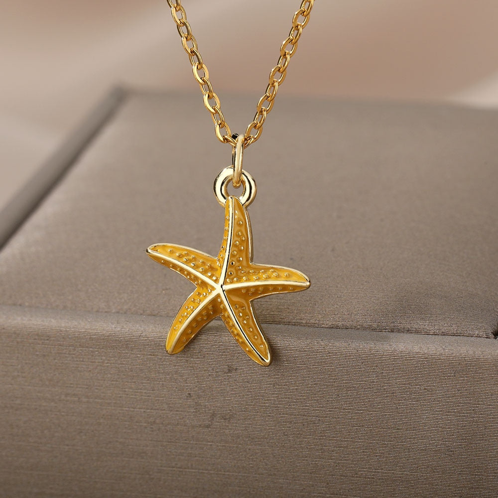 Pink Blue Starfish Pendant Necklace For Women Stainless Steel Gold Color Necklaces Retro Boho Aesthetic Jewelry collares mujer