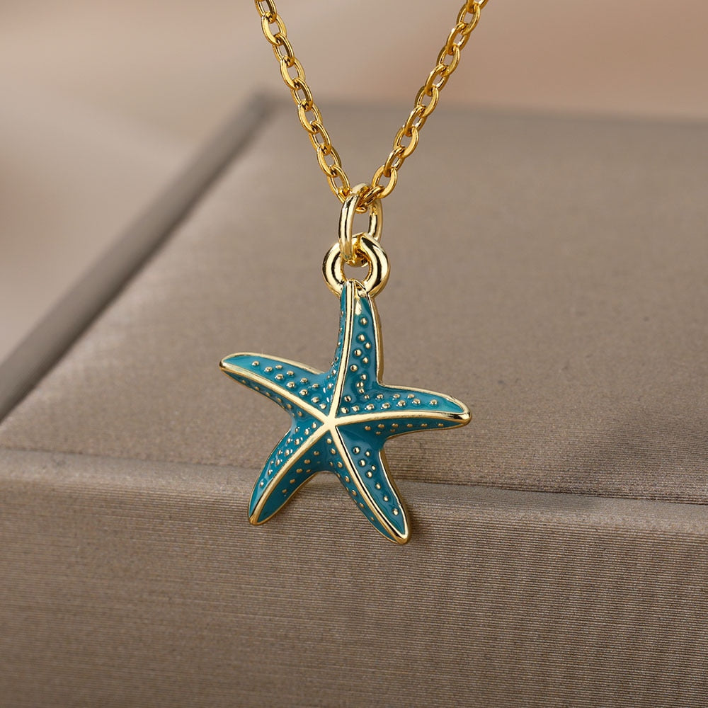 Pink Blue Starfish Pendant Necklace For Women Stainless Steel Gold Color Necklaces Retro Boho Aesthetic Jewelry collares mujer