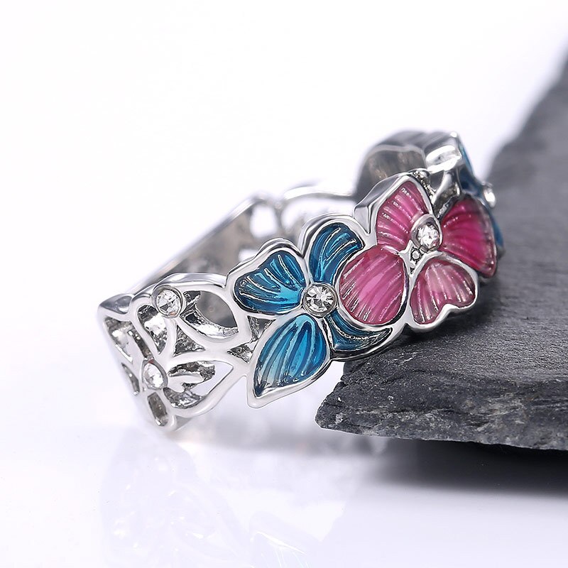 Pink Butterfly Flower Pattern Ring Women's Ring Metal Crystal Inlaid Wedding Jewelry Accessories Size 6-10
