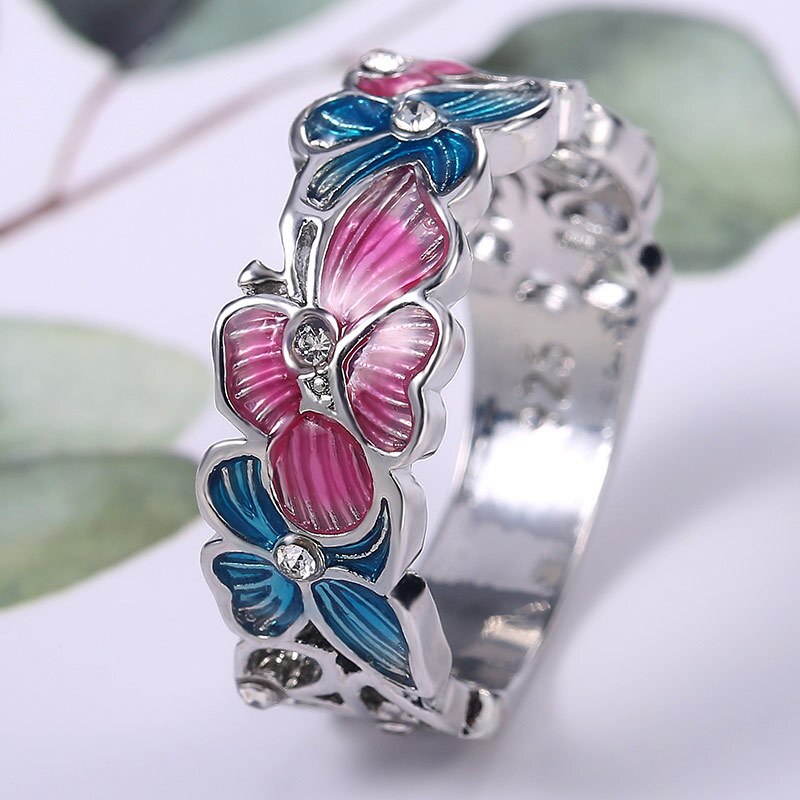 Pink Butterfly Flower Pattern Ring Women's Ring Metal Crystal Inlaid Wedding Jewelry Accessories Size 6-10