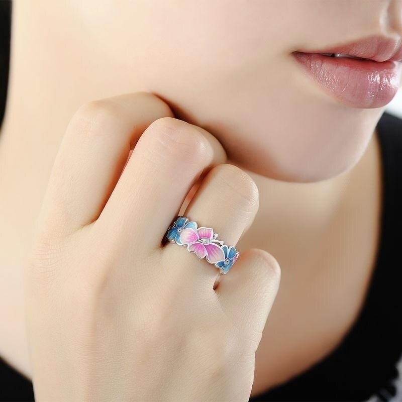 Pink Butterfly Flower Pattern Ring Women's Ring Metal Crystal Inlaid Wedding Jewelry Accessories Size 6-10