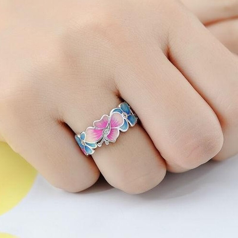 Pink Butterfly Flower Pattern Ring Women's Ring Metal Crystal Inlaid Wedding Jewelry Accessories Size 6-10