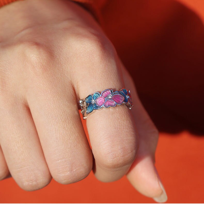 Pink Butterfly Flower Pattern Ring Women's Ring Metal Crystal Inlaid Wedding Jewelry Accessories Size 6-10